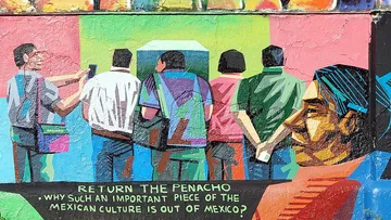 Colorful mural depicting people viewing art.