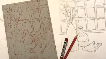 Art sketch with vase and bottle on table.