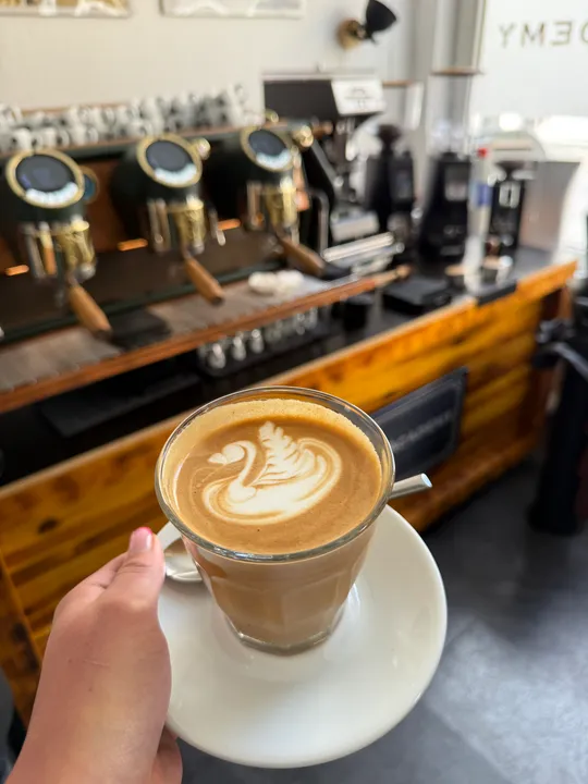 Hand holds latte with swan art in cafe.