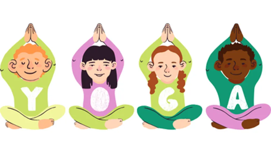Four children sit cross-legged, doing yoga.