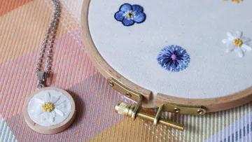Gestickte Blumen im Rahmen mit Halskette.