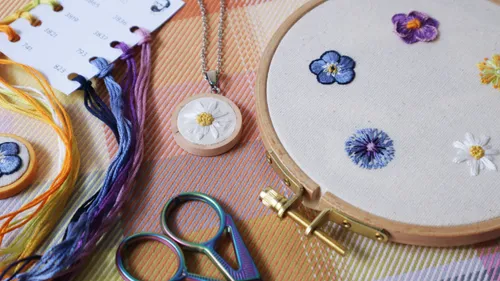 Embroidery supplies with hoop and threads on table.