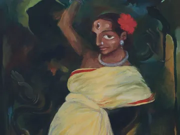 A woman is dancing in colorful clothes against a dark background.