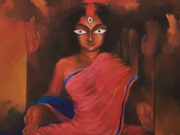A goddess with multiple hands sits in a glowing background.