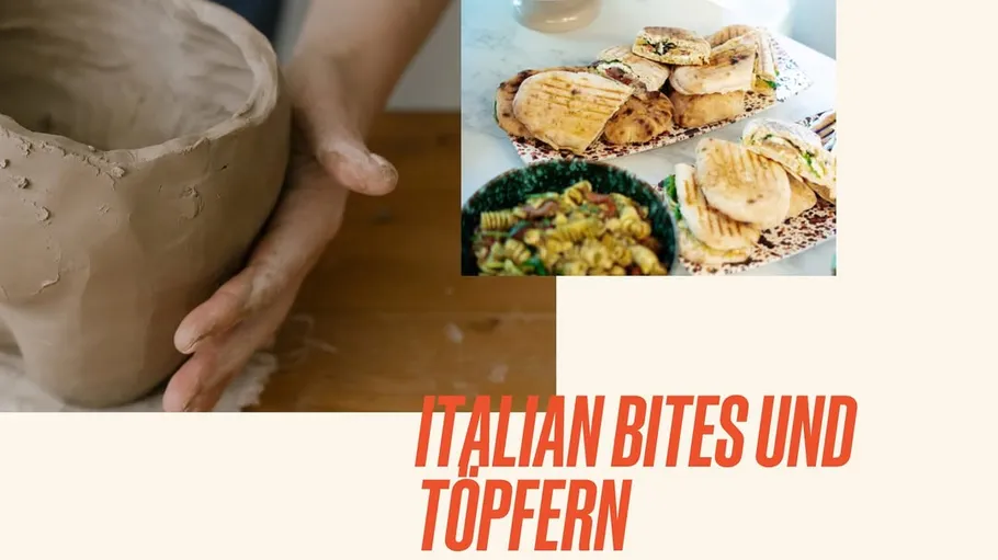 Hand shaping clay pot; Italian snacks beside.