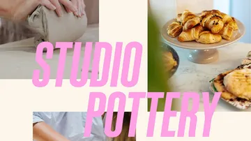Hands shaping clay in pottery studio.