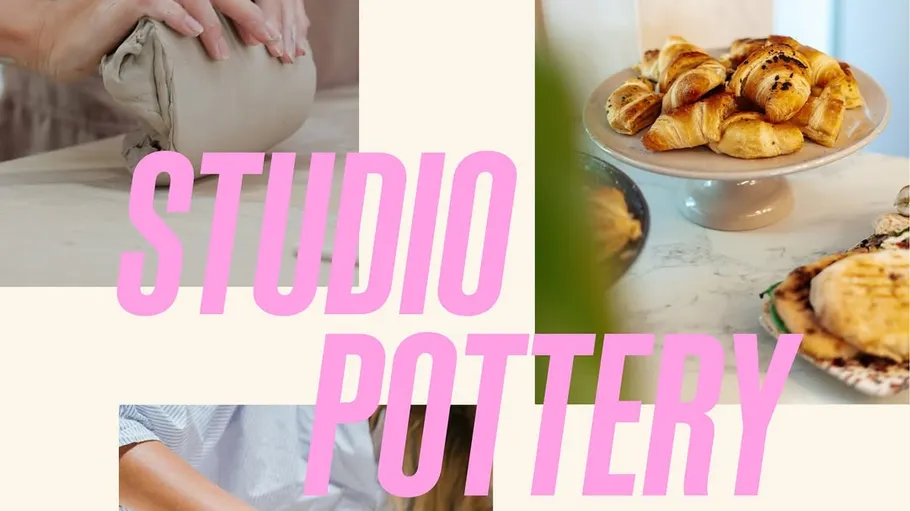 Hands shaping clay in pottery studio.