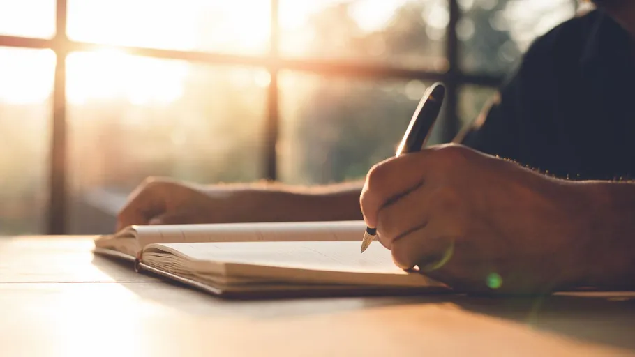 Person writing in a notebook near window.