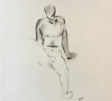 Abstrakte Figurenzeichnung, sitzende Pose, minimale Details.