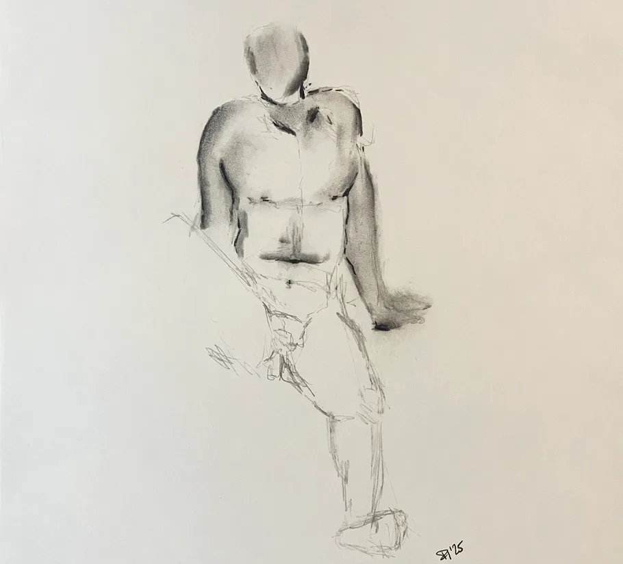 Abstract figure drawing, seated pose, minimal detail.