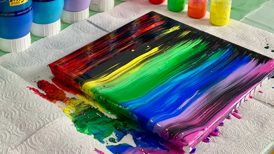 Colorful paint pour on canvas with bottles around.