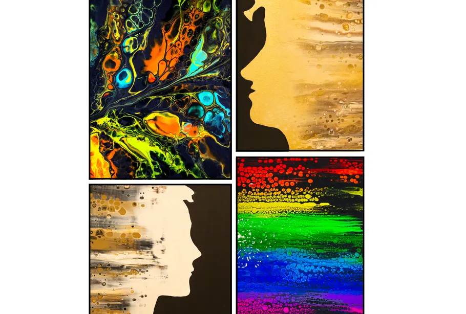 Abstract colorful paintings with silhouette patterns.