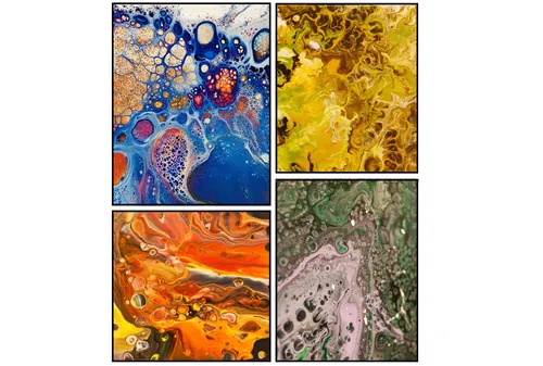 Four abstract art pieces with vibrant colors.