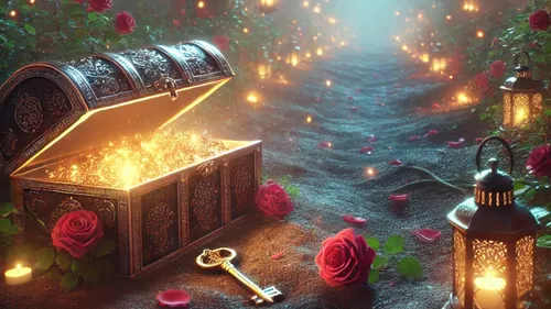 Open treasure chest glowing amidst roses, lanterns.