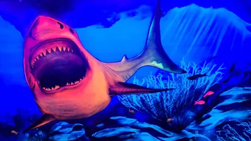 Colorful shark aggressively swims in deep ocean.