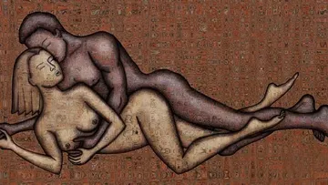 Two abstract figures in intimate embrace.