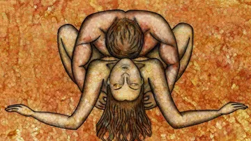 Two figures intertwined on an orange background.