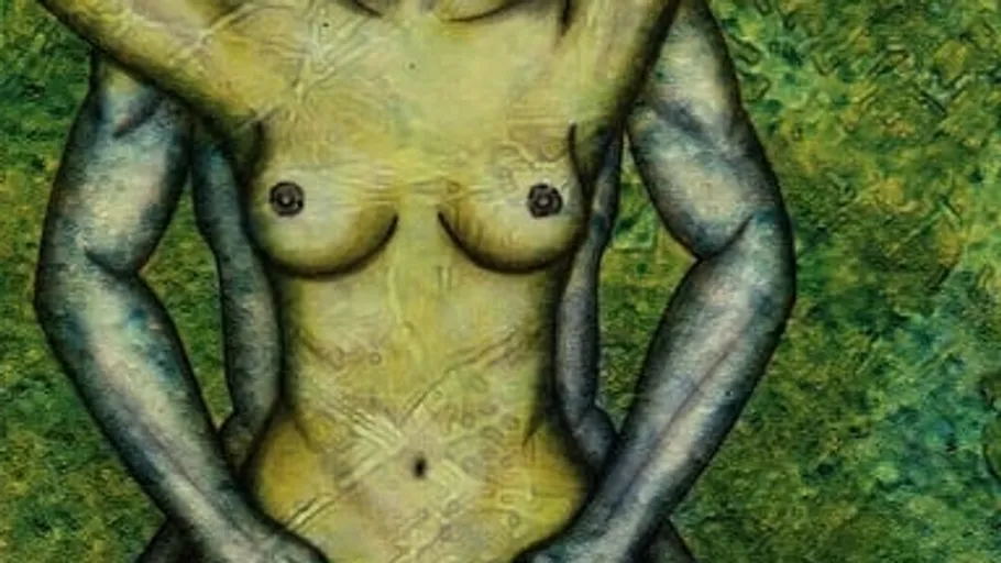 Abstract torso with green background.