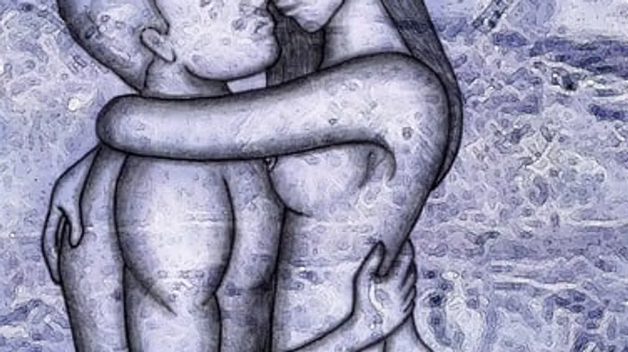 Abstract drawing of an embracing couple.