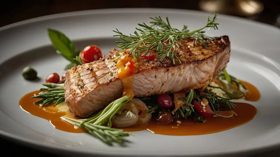 Grilled salmon on vegetables with sauce garnish.