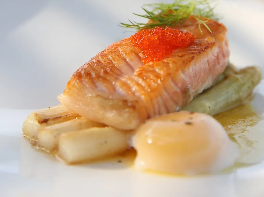 Grilled salmon with roe on white plate.
