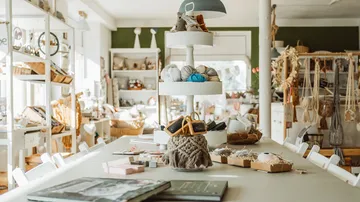 Craft store with yarn on a table.