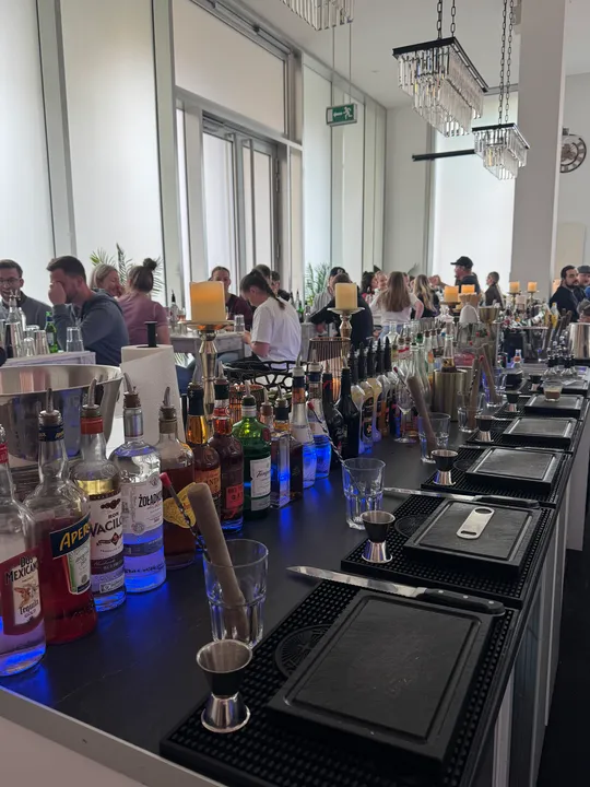 Bar counter with bottles, patrons seated behind.