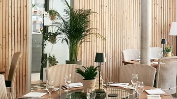 Restaurant mit Pflanzen und Holzeinrichtung.