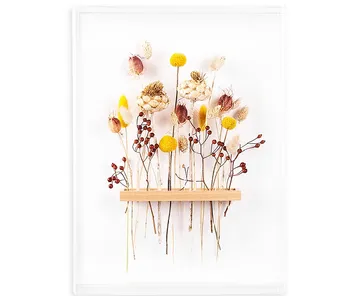 Getrocknete Blumen auf Holzregal montiert Hintergrund.