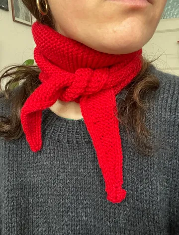 Person trägt roten Strickschal und grauen Pullover.