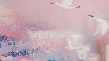 Abstraktes Gemälde mit fliegenden weißen Vögeln.