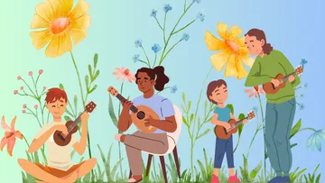People playing ukuleles among colorful flowers.