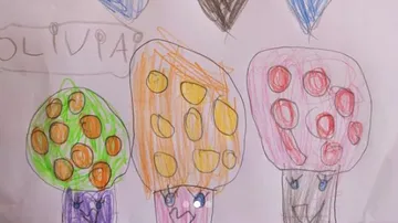 Three colorful drawn trees with spots, child's art.