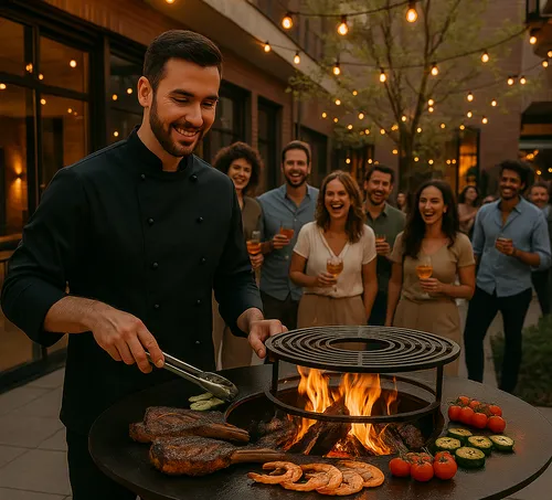 Chef grilling meat outdoors at party.