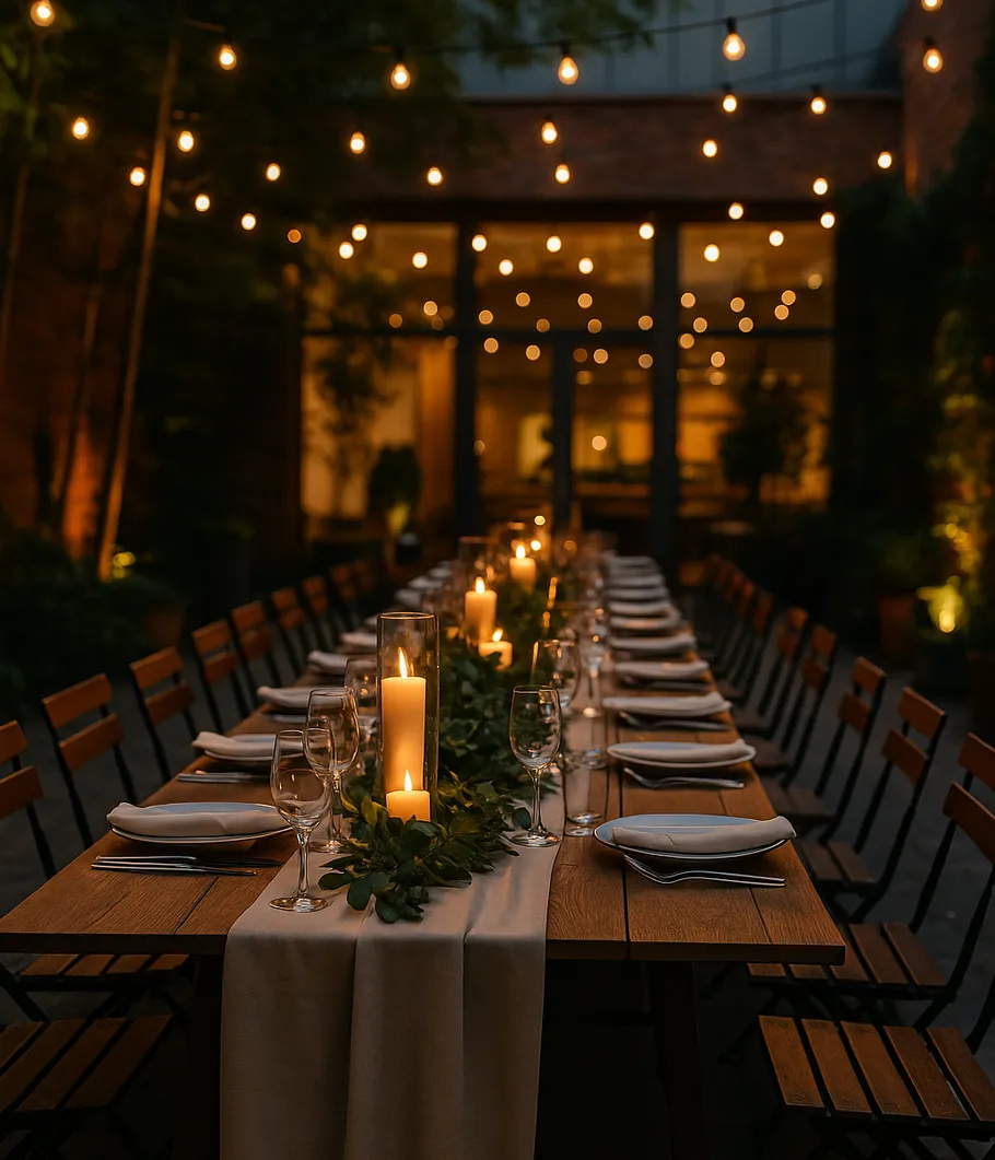 Outdoor dining table with candles and lights.