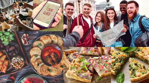 Collage aus Essen, Getränken, Tourguide und Gruppenfoto.