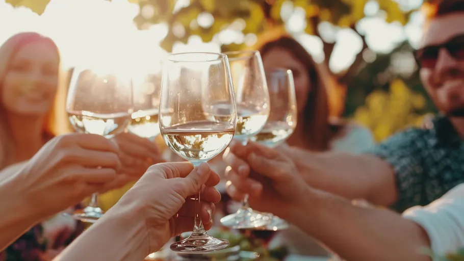 People clinking wine glasses at sunset outdoors.