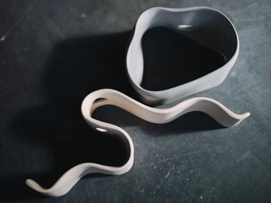 Curved ceramic shapes on a dark surface.