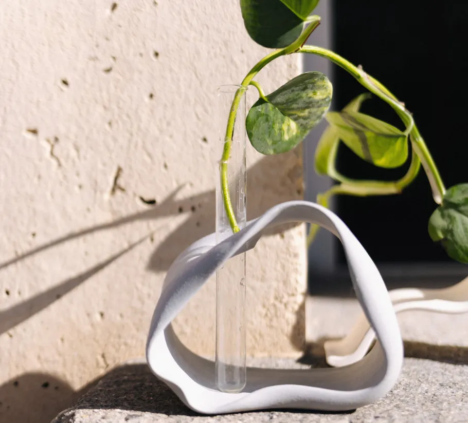 Glass vase with plant in concrete holder.