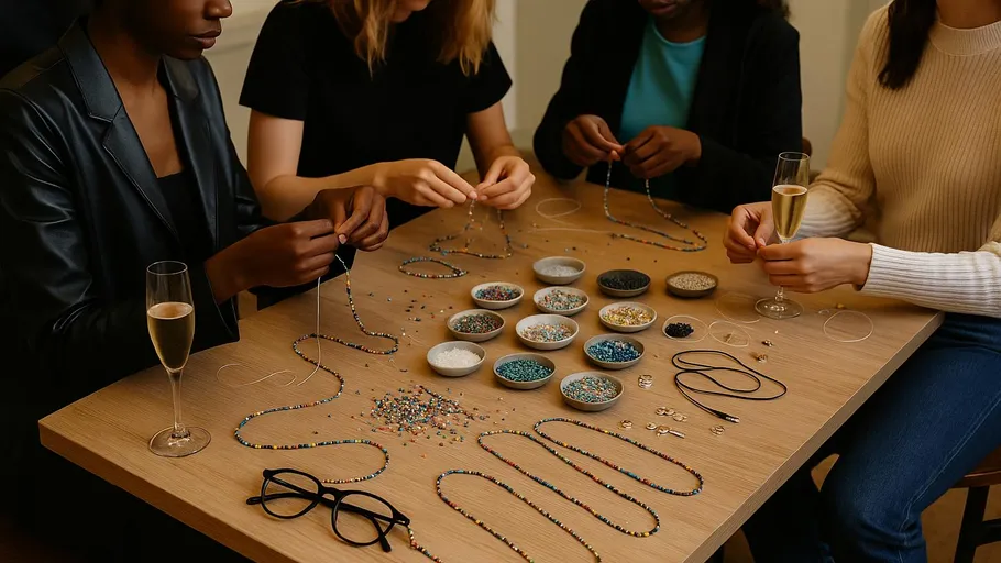 People making jewelry with beads at table.