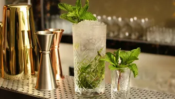 Cocktail with mint on a bar counter.