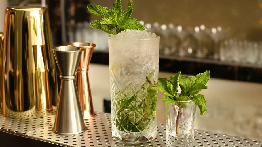 Cocktail with mint on a bar counter.