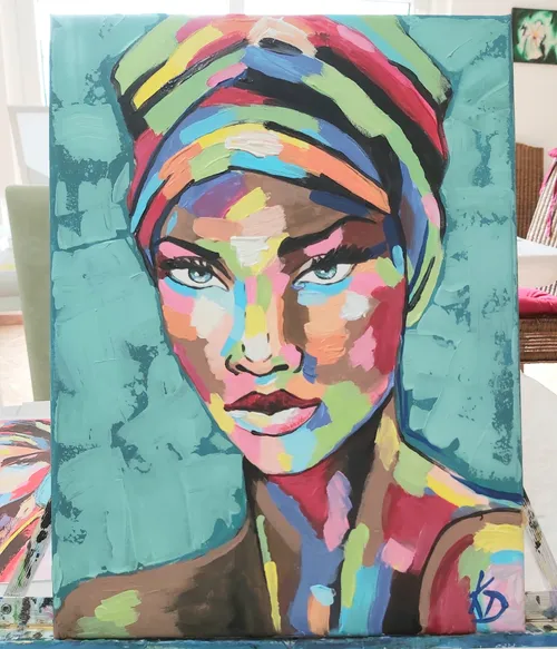 Colorful portrait of woman with headscarf.
