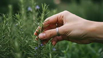 Hand gently touching rosemary plant outdoors.