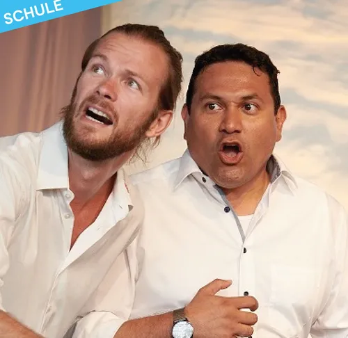 Two men express surprise indoors.