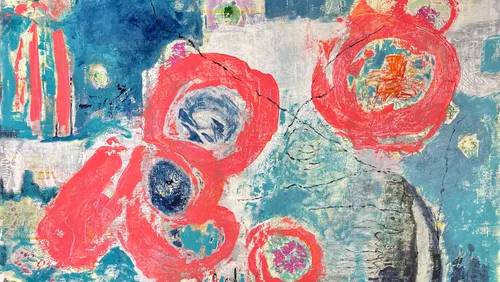 Abstract painting with red circles on blue background.