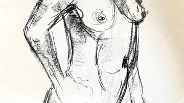 Charcoal drawing of a standing nude figure.