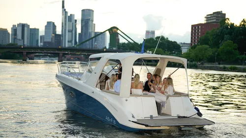 Boat carrying people on river, city skyline visible.