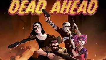 Four animated characters with weapons, fiery background.