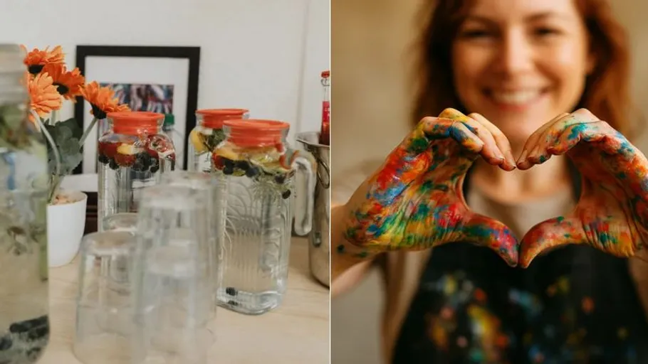 Water pitchers on table; woman forming heart.